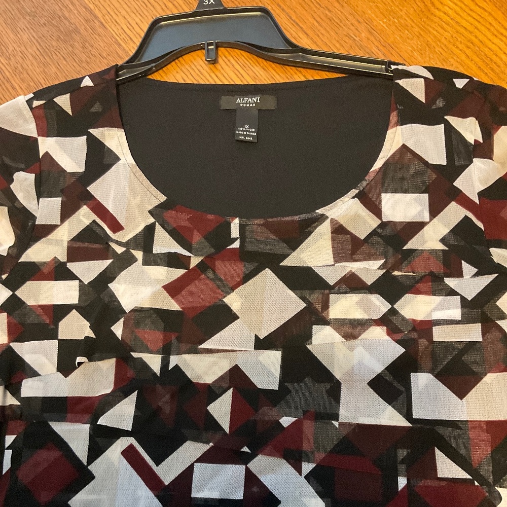 Alfani Abstract Black and Burgundy Blouse